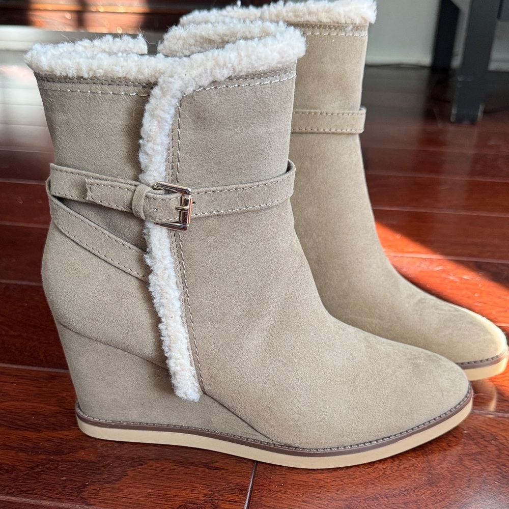 Unisa Beige Wedge Boots with Faux Fur Trim